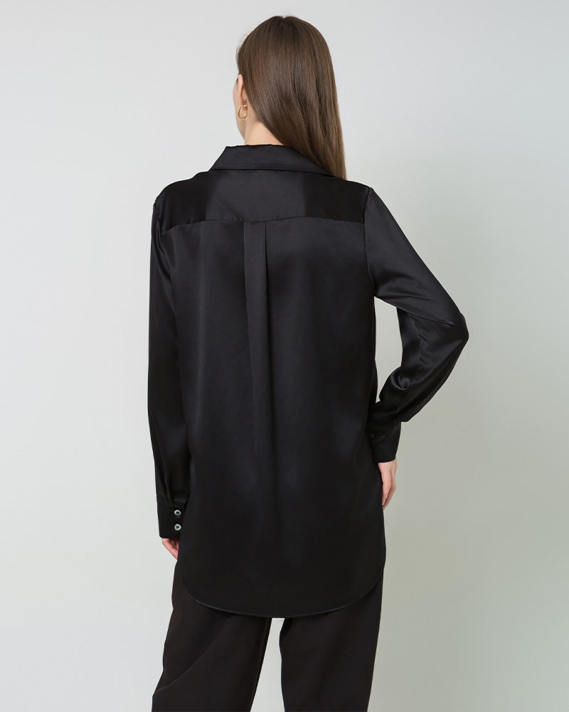 Silk Satin Oversized Button Up Shirt Black
