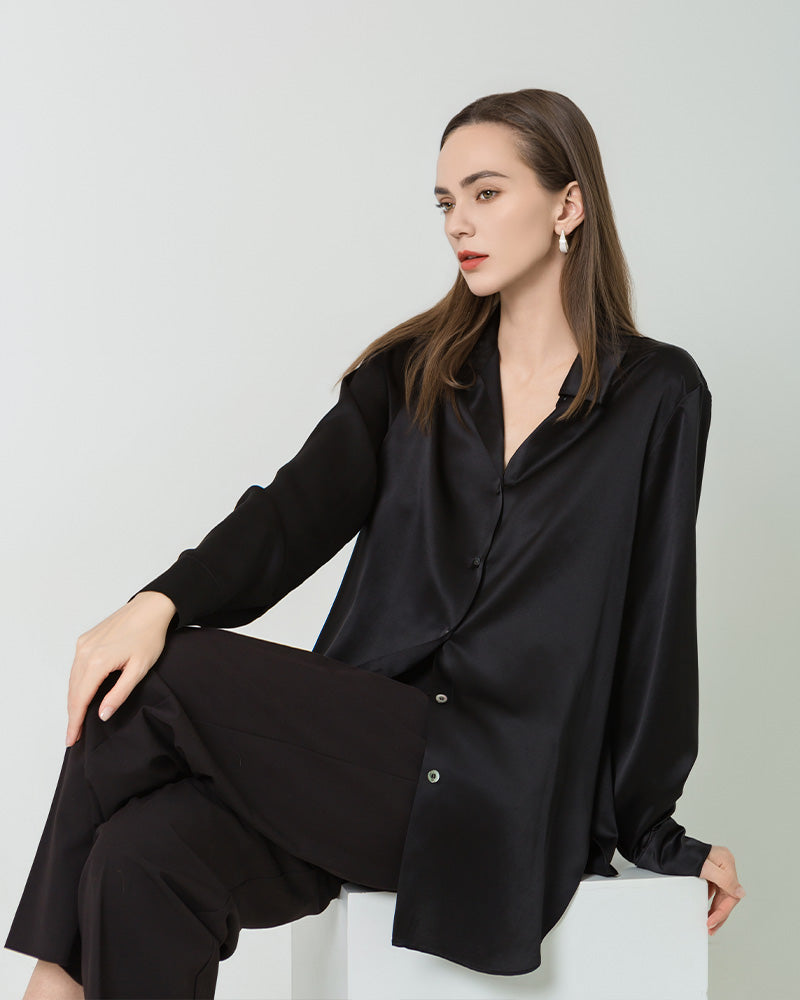 Silk Satin Oversized Button Up Shirt Black