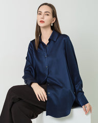 Silk Satin Oversized Button Up Shirt Navy