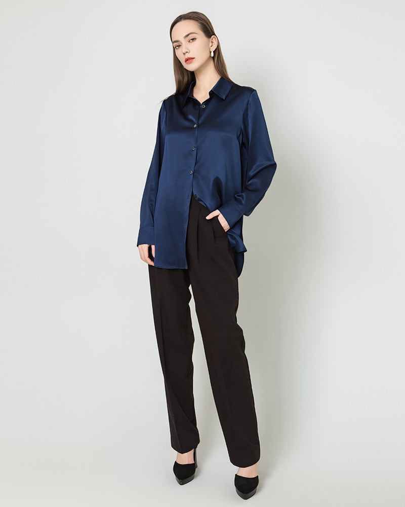 Silk Satin Oversized Button Up Shirt Navy