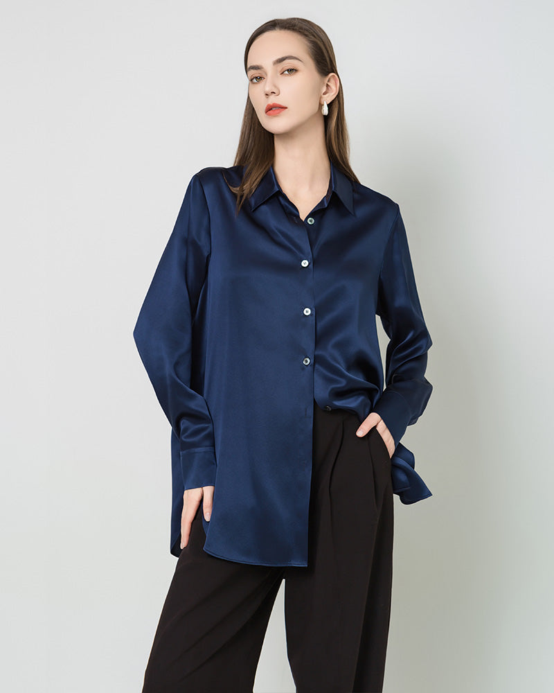 Silk Satin Oversized Button Up Shirt Navy