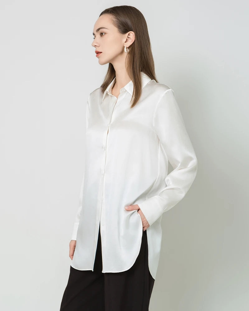 Silk Satin Oversized Button Up Shirt White