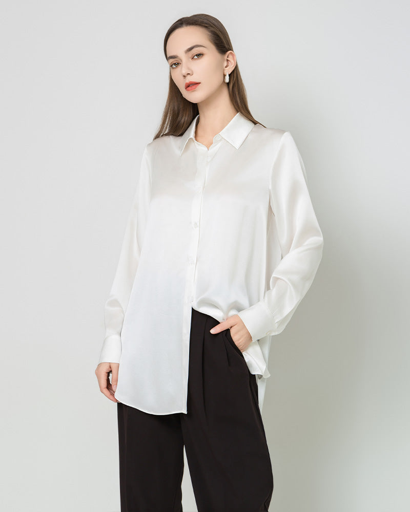 Silk Satin Oversized Button Up Shirt White