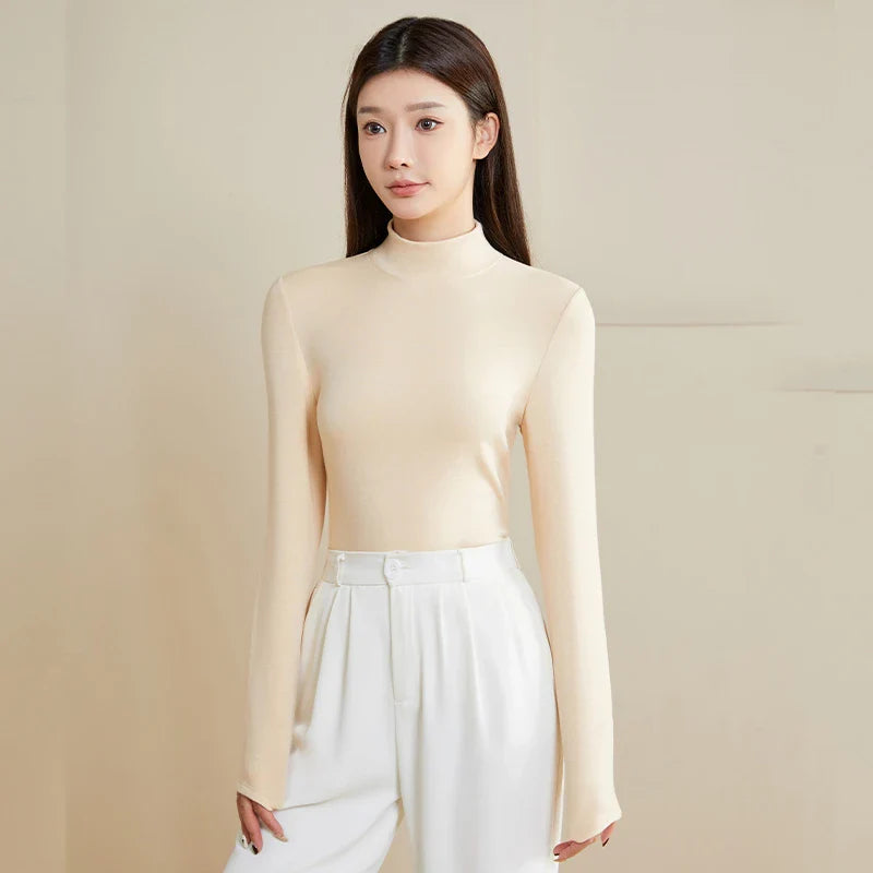 Silk Thermal Mock-Neck Top Beige