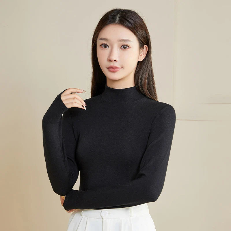 Silk Thermal Mock-Neck Top Black