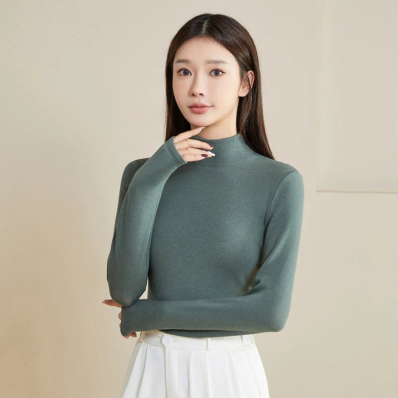 Silk Thermal Mock-Neck Top Green