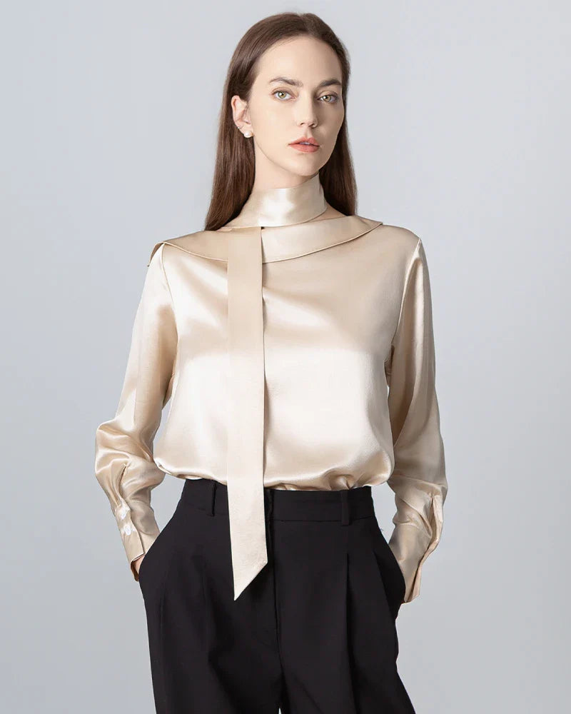 Silk Tie Neck Blouse with Round Collar Champagne