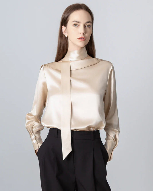 Silk Tie Neck Blouse with Round Collar Champagne