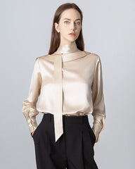 Silk Tie Neck Blouse with Round Collar Champagne