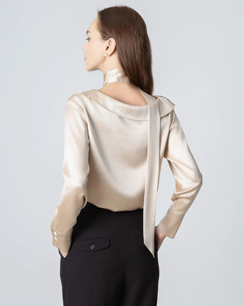Silk Tie Neck Blouse with Round Collar Champagne