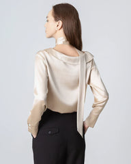 Silk Tie Neck Blouse with Round Collar Champagne
