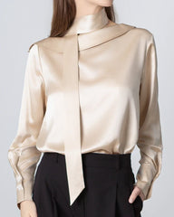Silk Tie Neck Blouse with Round Collar Champagne