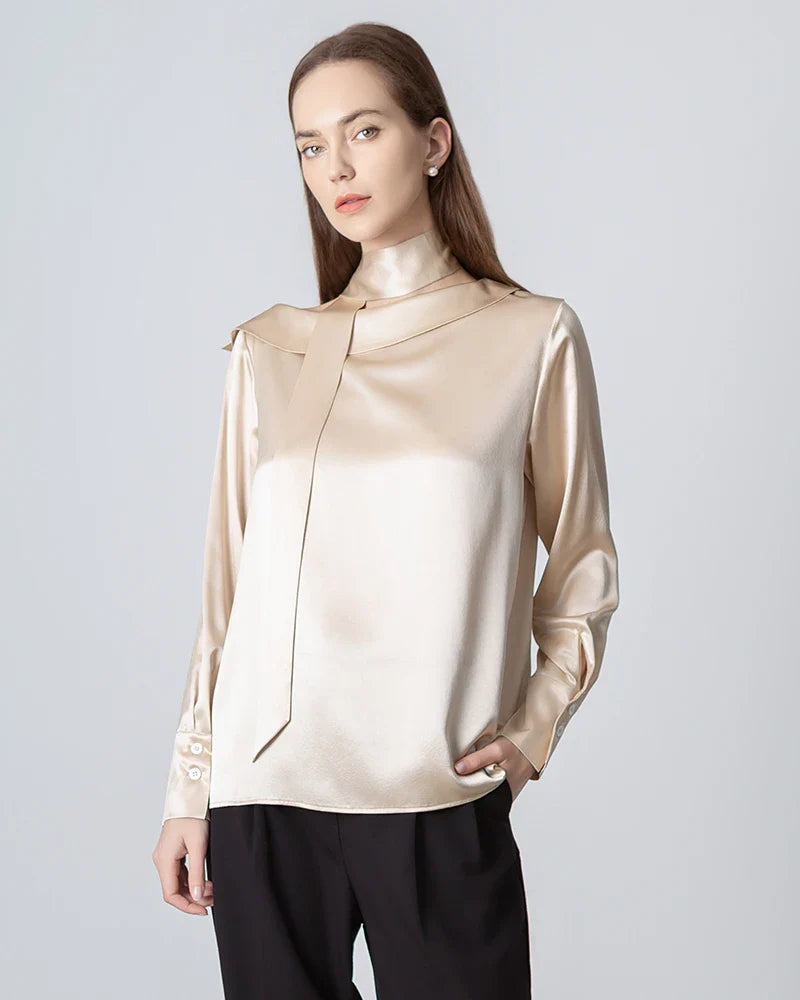 Silk Tie Neck Blouse with Round Collar Champagne