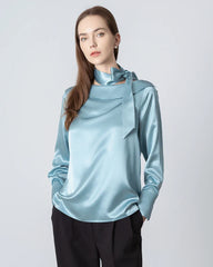 Silk Tie Neck Blouse with Round Collar Haze Blue
