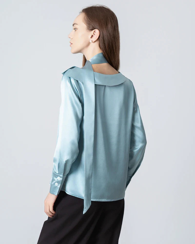 Silk Tie Neck Blouse with Round Collar Haze Blue