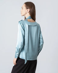 Silk Tie Neck Blouse with Round Collar Haze Blue