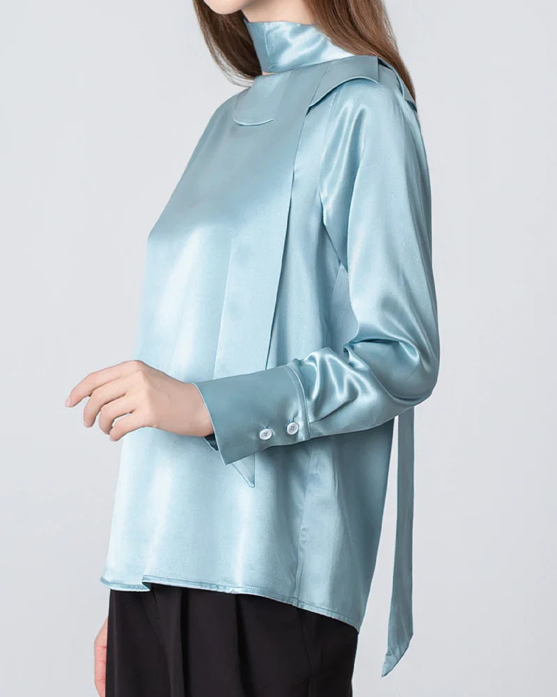 Silk Tie Neck Blouse with Round Collar Haze Blue