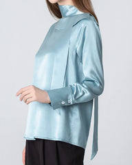 Silk Tie Neck Blouse with Round Collar Haze Blue