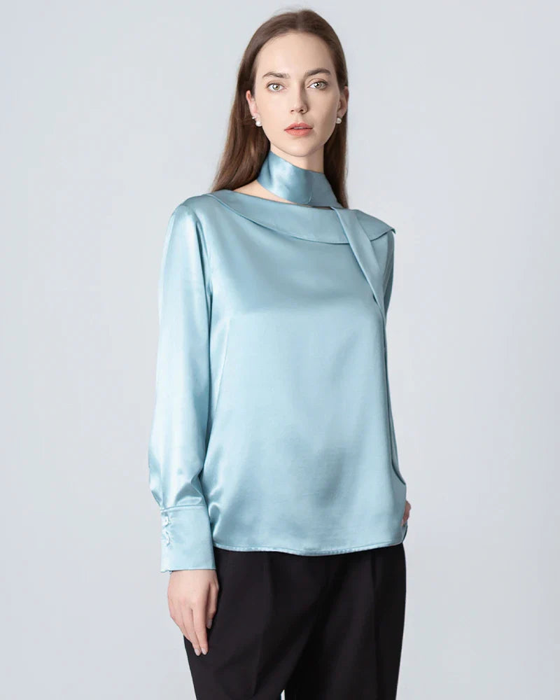 Silk Tie Neck Blouse with Round Collar Haze Blue
