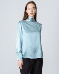 Silk Tie Neck Blouse with Round Collar Haze Blue