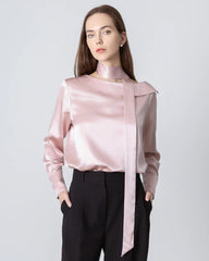 Silk Tie Neck Blouse with Round Collar Rose Pink