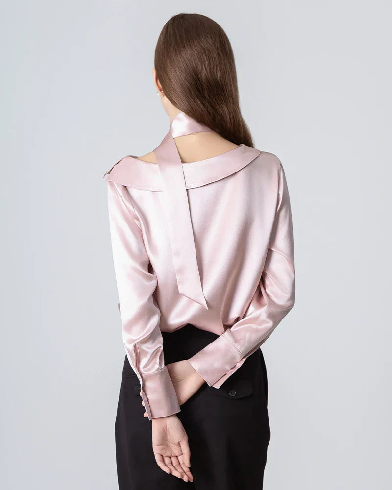 Silk Tie Neck Blouse with Round Collar Rose Pink