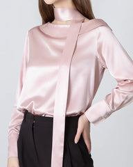 Silk Tie Neck Blouse with Round Collar Rose Pink