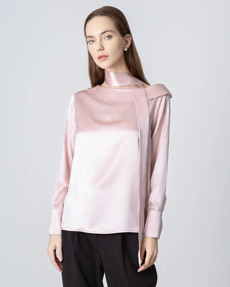 Silk Tie Neck Blouse with Round Collar Rose Pink