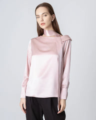 Silk Tie Neck Blouse with Round Collar Rose Pink