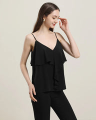 Pretty Silk Top with Ruffles Black