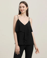 Pretty Silk Top with Ruffles Black