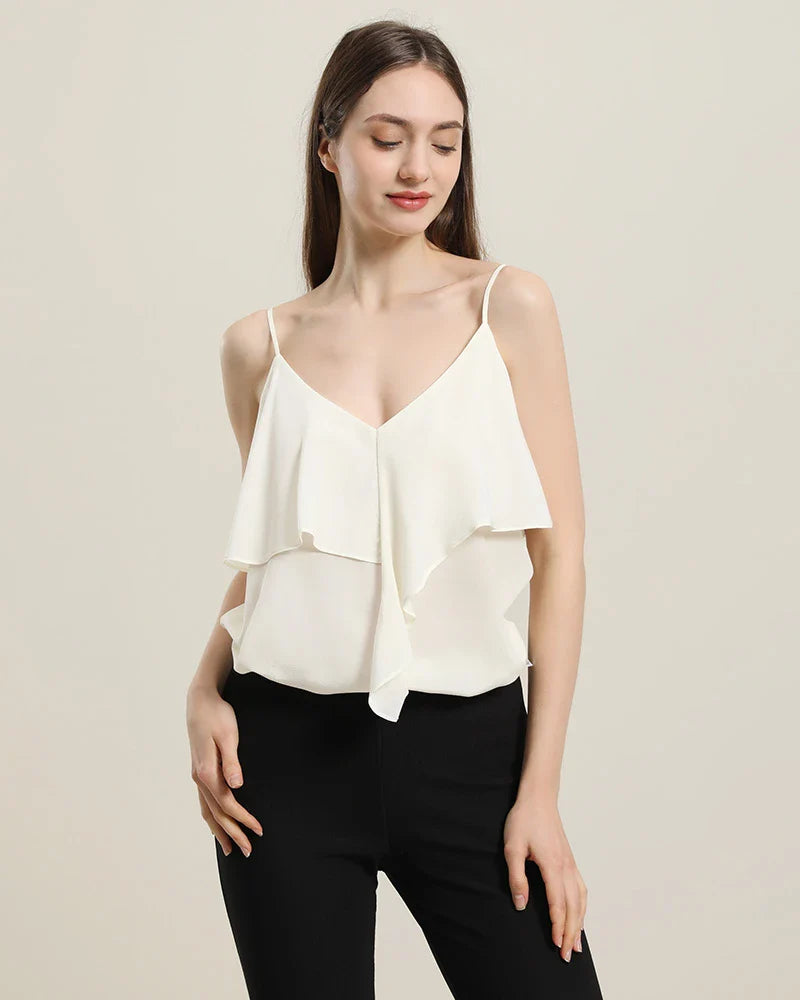 Pretty Silk Top with Ruffles Cream