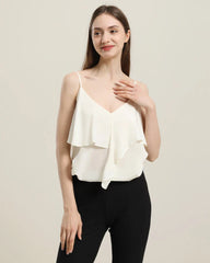Pretty Silk Top with Ruffles Cream