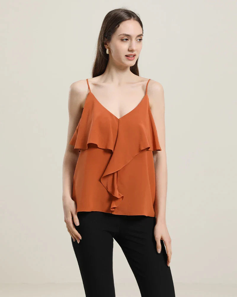 Pretty Silk Top with Ruffles Orange