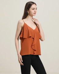 Pretty Silk Top with Ruffles Orange