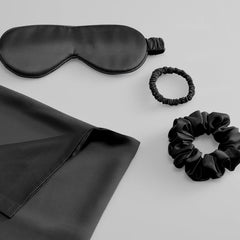 Silk Travel Suit 3 PCS Scrunchy Pillowcase And Eyemask Black