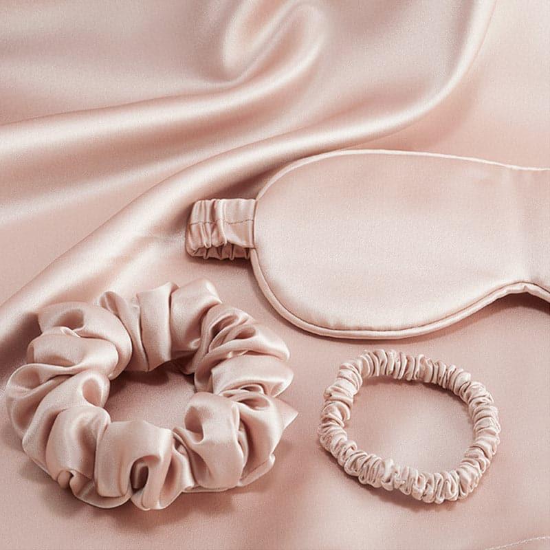 Silk Travel Suit 3 PCS Scrunchy Pillowcase And Eyemask Pink