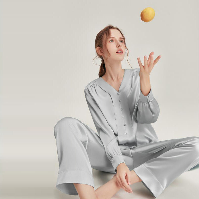 Silk V-Neck Elegant Nightwear Grey