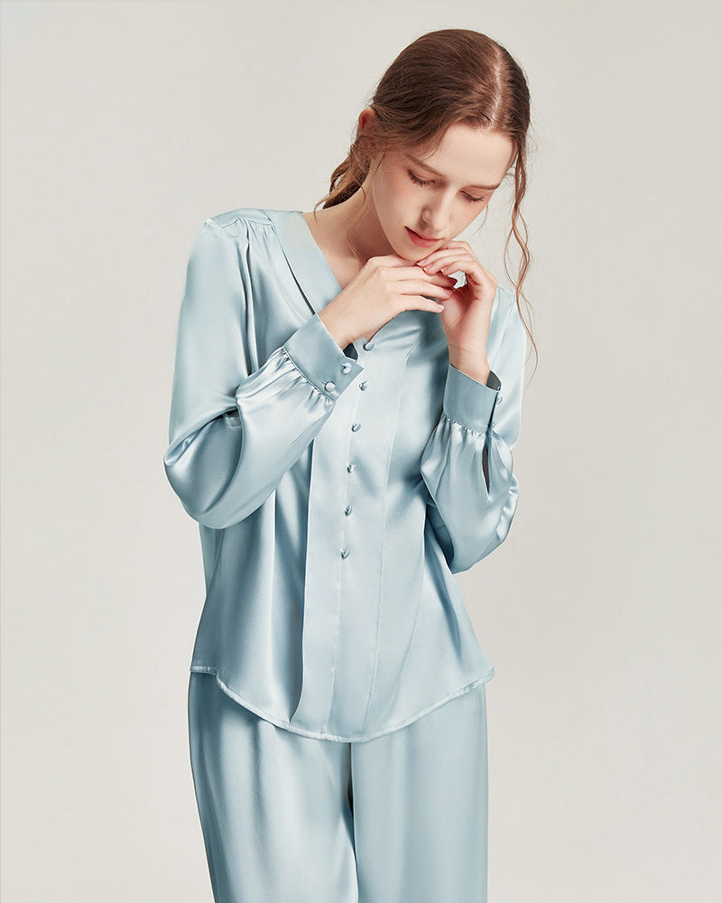 Silk V-Neck Elegant Nightwear Sky Blue