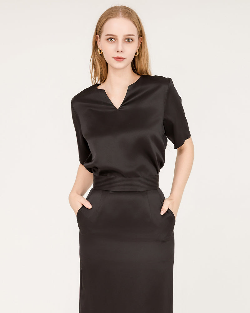 V-Neck Silk Blouse and Silk Midi Skirt Set Black