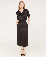 V-Neck Silk Blouse and Silk Midi Skirt Set Black