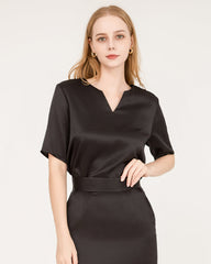 V-Neck Silk Blouse and Silk Midi Skirt Set Black
