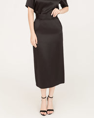 V-Neck Silk Blouse and Silk Midi Skirt Set Black