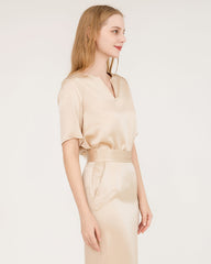 V-Neck Silk Blouse and Silk Midi Skirt Set Champagne