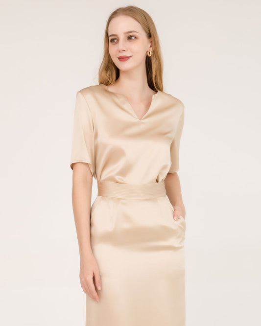 V-Neck Silk Blouse and Silk Midi Skirt Set Champagne