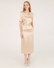 V-Neck Silk Blouse and Silk Midi Skirt Set Champagne