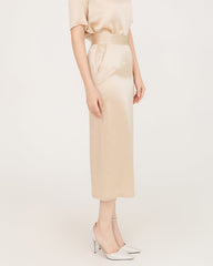 V-Neck Silk Blouse and Silk Midi Skirt Set Champagne