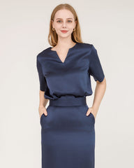 V-Neck Silk Blouse and Silk Midi Skirt Set Navy