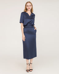 V-Neck Silk Blouse and Silk Midi Skirt Set Navy
