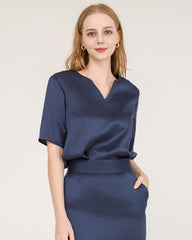 V-Neck Silk Blouse and Silk Midi Skirt Set Navy